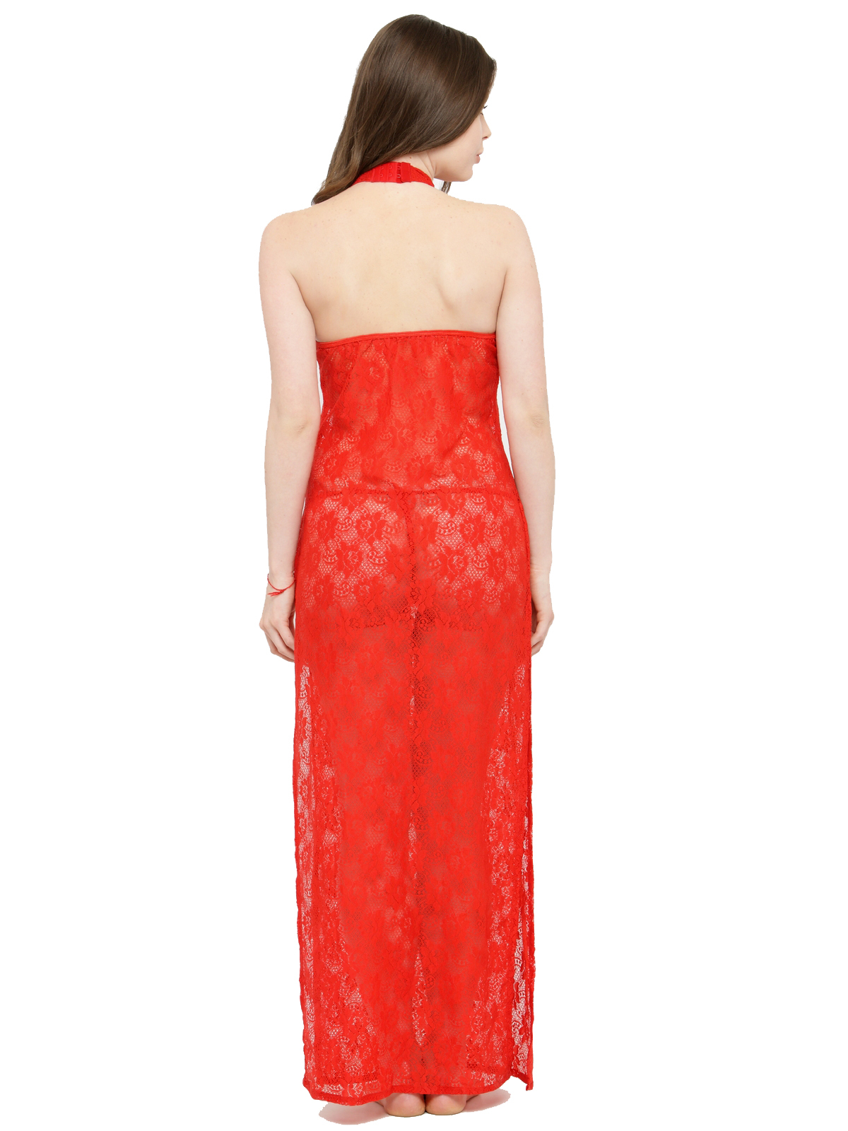 Polyester Sheer Front Slit Bridal Nightgown Nightwear With G-string - Polyester Net Fabric, Sizes S-m-l, Colors Red | Black, Sleeveless, Embroidered Pattern