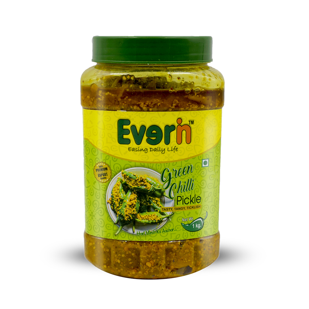 1 Kg Green Chilli Pickle - 1 Kg, Spicy Flavour, Mustard Oil Preserved | Mixed Pickles, Safe Packaging, 18 Months Shelf Life, Salty & Sour Taste
