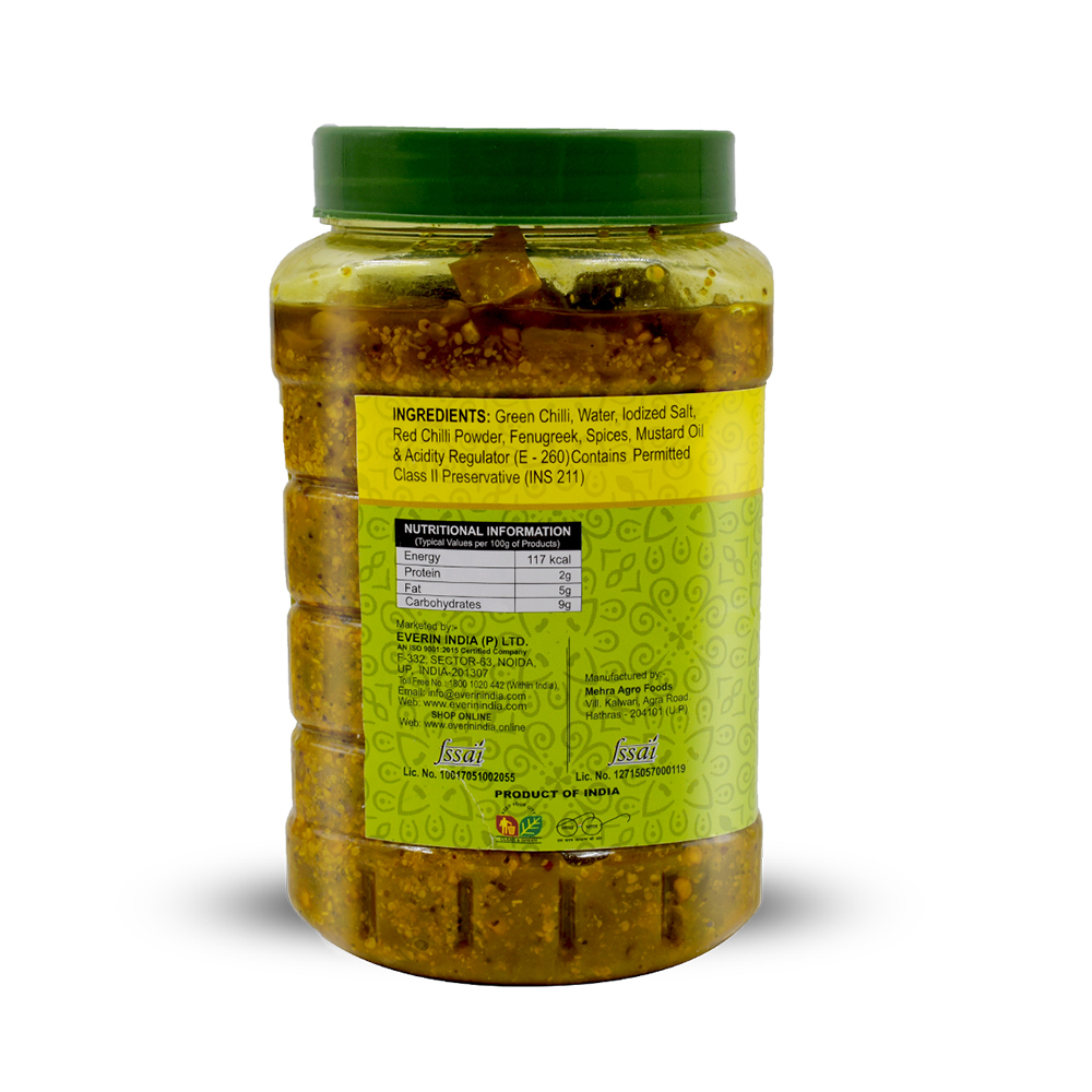 1 Kg Green Chilli Pickle - 1 Kg, Spicy Flavour, Mustard Oil Preserved | Mixed Pickles, Safe Packaging, 18 Months Shelf Life, Salty & Sour Taste