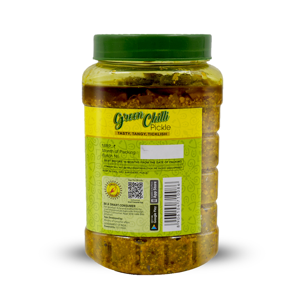 1 Kg Green Chilli Pickle - 1 Kg, Spicy Flavour, Mustard Oil Preserved | Mixed Pickles, Safe Packaging, 18 Months Shelf Life, Salty & Sour Taste