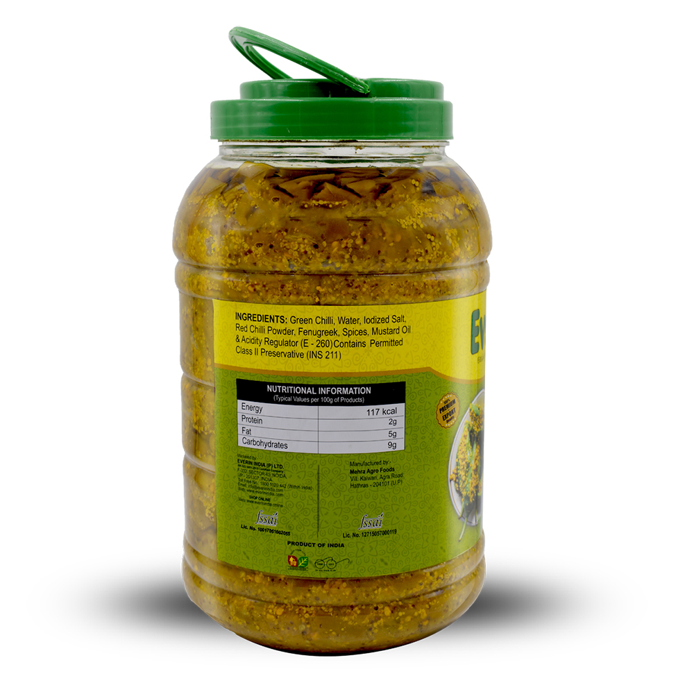 5kg Green Chilli Pickle - Pet Bottle, 140mm X 140mm X 280mm | Spicy & Salty Taste, Sliced & Whole, 18 Months Shelf Life