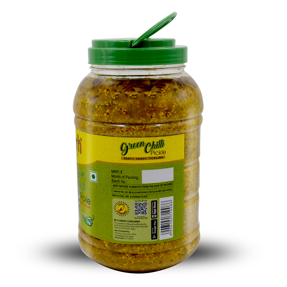 5kg Green Chilli Pickle - Pet Bottle, 140mm X 140mm X 280mm | Spicy & Salty Taste, Sliced & Whole, 18 Months Shelf Life