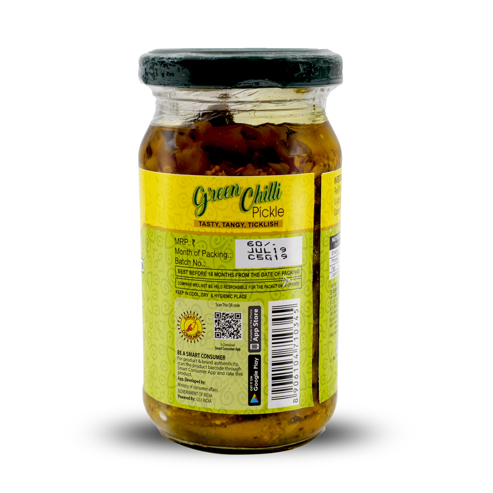 200 Gram Green Chilli Pickle - Glass Jar, 200g Size, Spicy Flavor, 9g Carbohydrates, 5g Fat, 2g Protein, 18 Months Shelf Life, Salt & Spice Taste