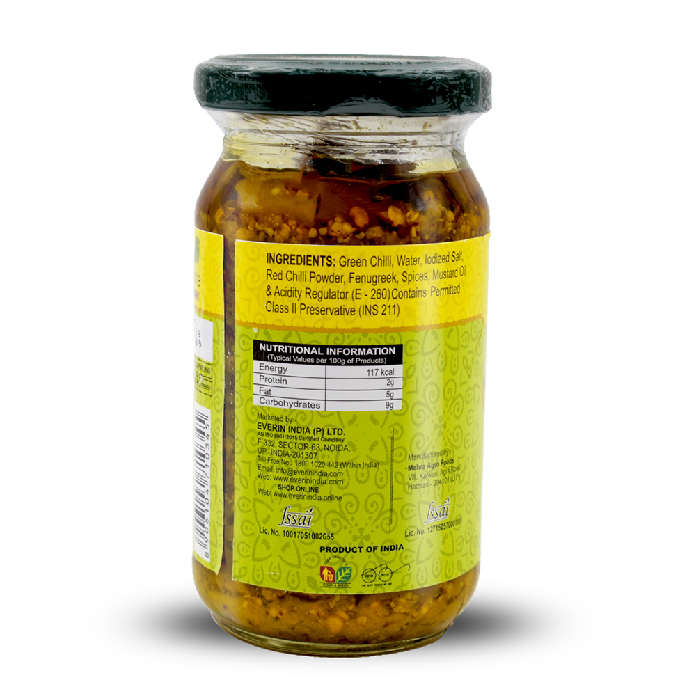 200 Gram Green Chilli Pickle - Glass Jar, 200g Size, Spicy Flavor, 9g Carbohydrates, 5g Fat, 2g Protein, 18 Months Shelf Life, Salt & Spice Taste