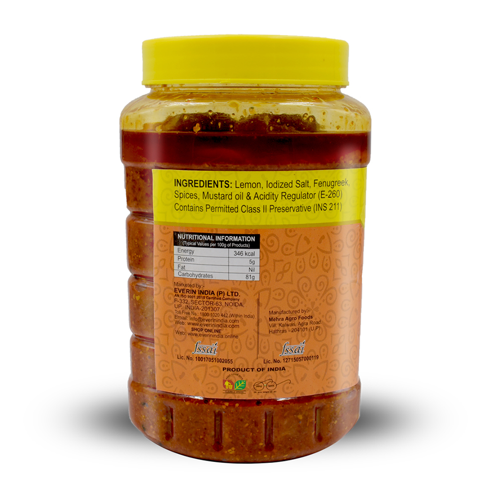 1kg Lime Pickle - Organic Spicy Lime Pickle In Food Grade Pet Jar | Fssai Certified, Mustard Oil, 81g Carbohydrates, Shelf Life 18 Months