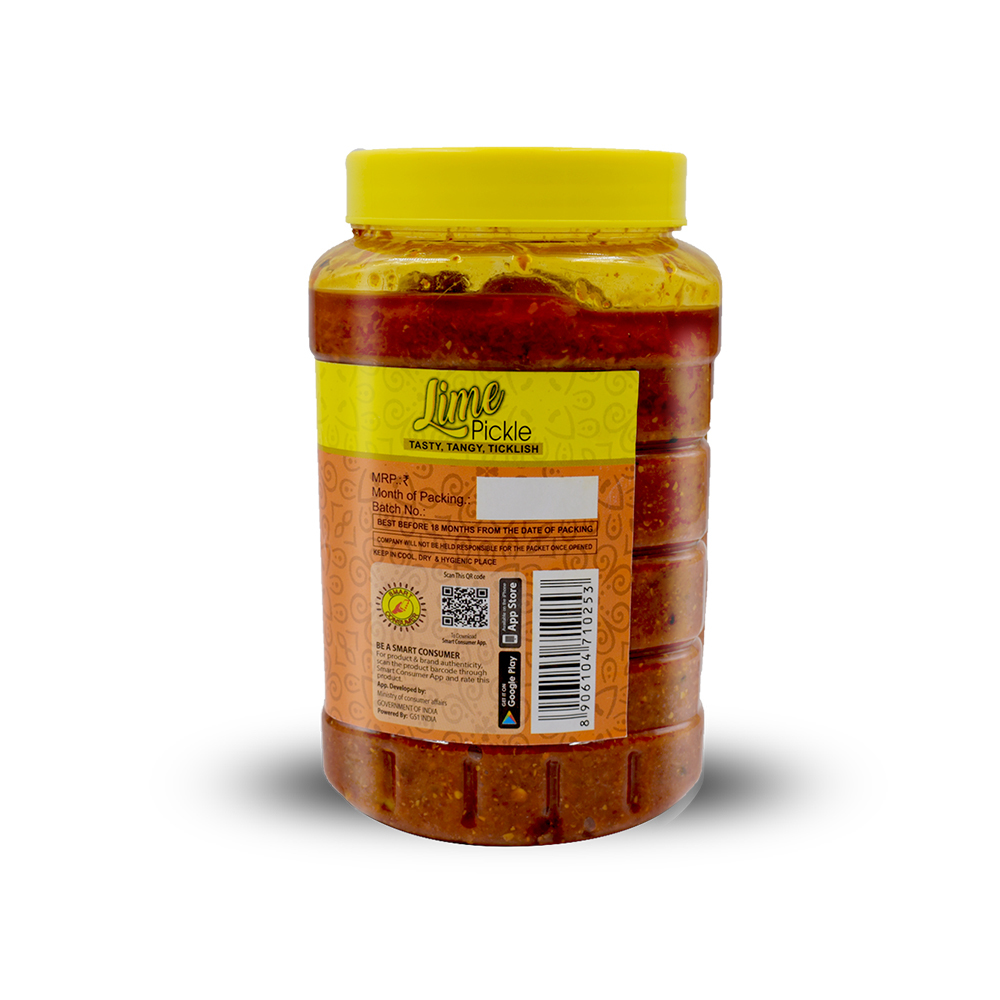 1kg Lime Pickle - Organic Spicy Lime Pickle In Food Grade Pet Jar | Fssai Certified, Mustard Oil, 81g Carbohydrates, Shelf Life 18 Months