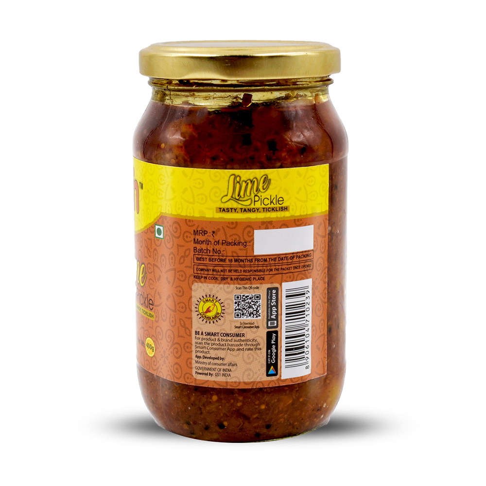 400 Gram Lime Pickle - Glass Jar, Spicy Flavor, Organic, Shelf Life 18 Months | Salty, Sour Taste, Mixed Pickles In Mustard Oil