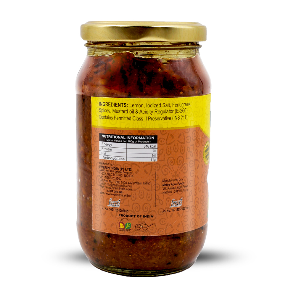 400 Gram Lime Pickle - Glass Jar, Spicy Flavor, Organic, Shelf Life 18 Months | Salty, Sour Taste, Mixed Pickles In Mustard Oil