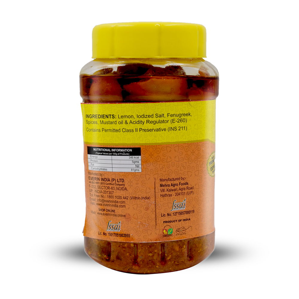 500 Gram Spicy & Tangy Lemon Pickle - 81g Carbohydrates, Organic, Homemade, Fssai Certified, Pack Of 24 In Pet Bottles, Mustard Oil Preserved
