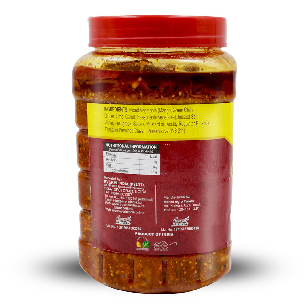 1 Kg Mixed Pickle - Pet Bottle, 85mm Depth X 85mm Width X 179mm Height | Spicy Flavor, 18 Months Shelf Life, Assorted Shapes