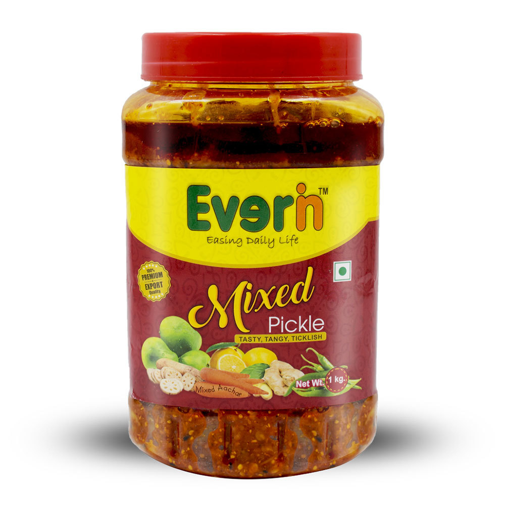 1 Kg Mixed Pickle - Pet Bottle, 85mm Depth X 85mm Width X 179mm Height | Spicy Flavor, 18 Months Shelf Life, Assorted Shapes