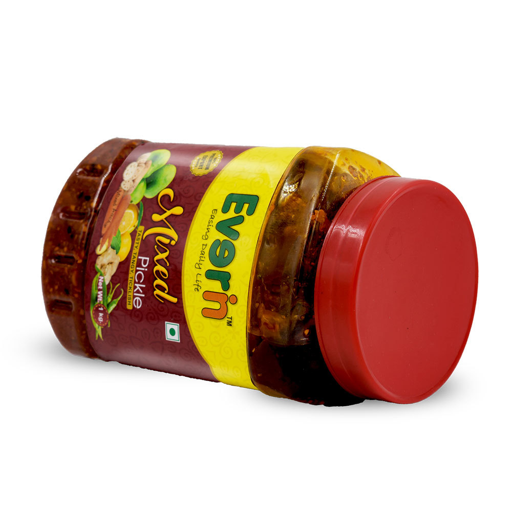 1 Kg Mixed Pickle - Pet Bottle, 85mm Depth X 85mm Width X 179mm Height | Spicy Flavor, 18 Months Shelf Life, Assorted Shapes
