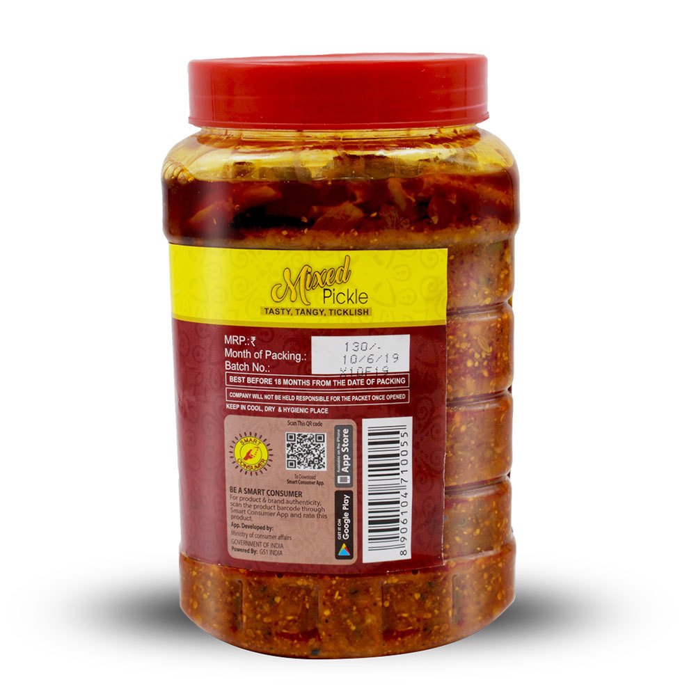 1 Kg Mixed Pickle - Pet Bottle, 85mm Depth X 85mm Width X 179mm Height | Spicy Flavor, 18 Months Shelf Life, Assorted Shapes