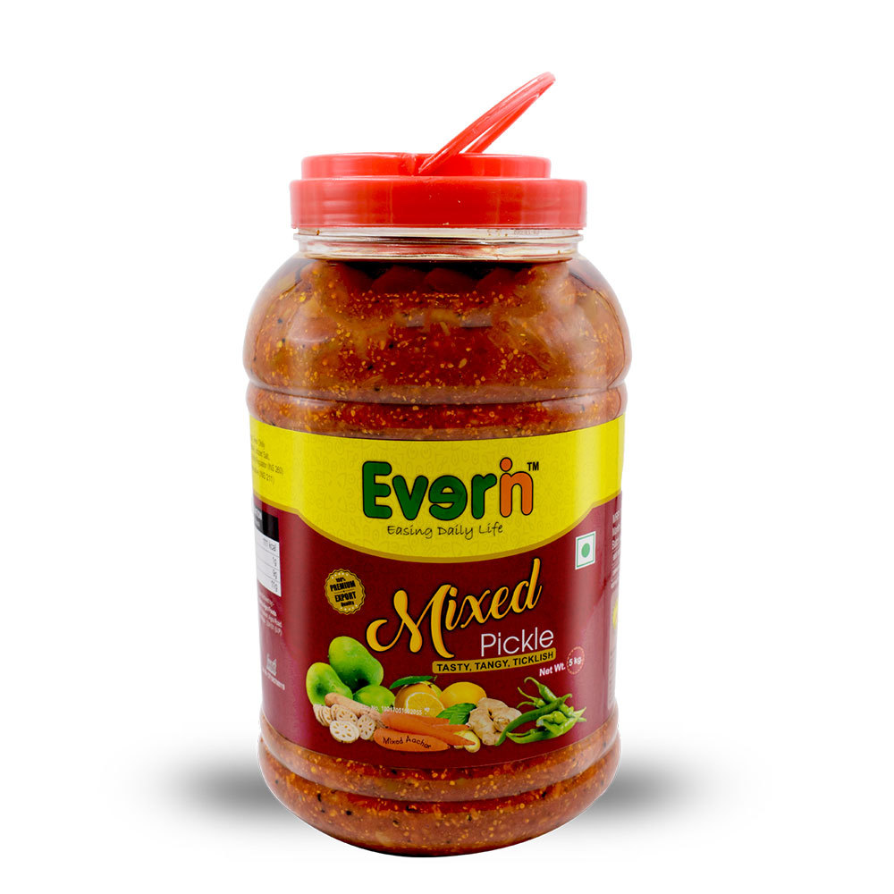 Mixed Pickle - 5kg Spicy Flavour In Pet Bottle | Contains Spices, Tangy Vinegar Preservation, Assorted Shapes