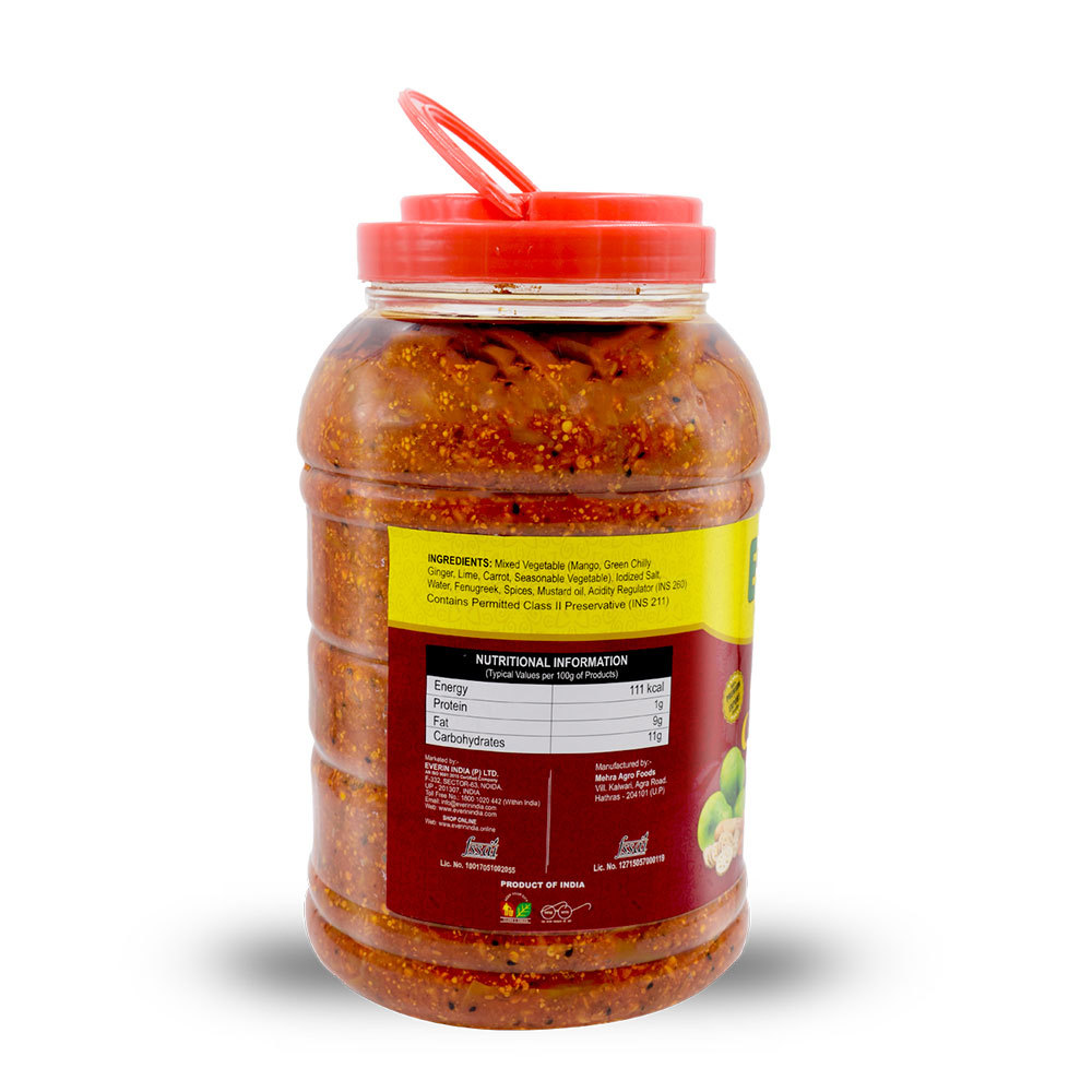 Mixed Pickle - 5kg Spicy Flavour In Pet Bottle | Contains Spices, Tangy Vinegar Preservation, Assorted Shapes