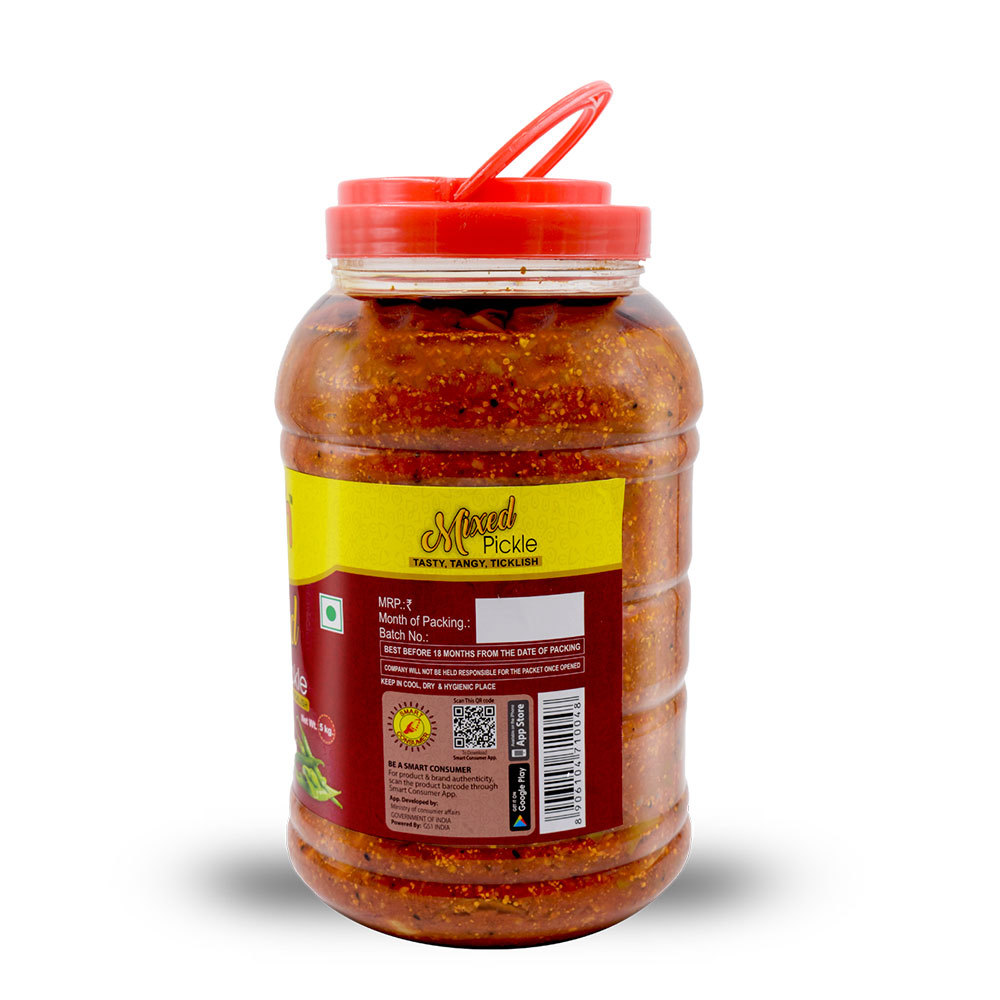 Mixed Pickle - 5kg Spicy Flavour In Pet Bottle | Contains Spices, Tangy Vinegar Preservation, Assorted Shapes