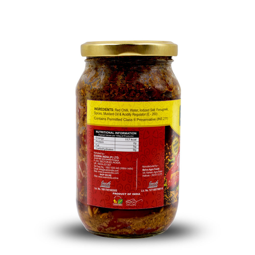 400gm Red Chilli Pickle - Pet Bottle, 12 Units Per Carton | Vinegar Preserved, Salty & Spicy Taste, Sliced & Round Shape, 12 Months Shelf Life