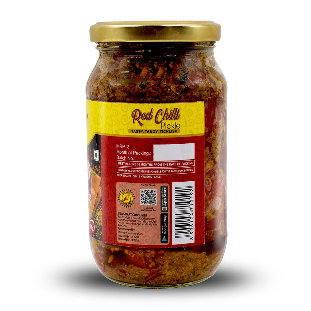400gm Red Chilli Pickle - Pet Bottle, 12 Units Per Carton | Vinegar Preserved, Salty & Spicy Taste, Sliced & Round Shape, 12 Months Shelf Life