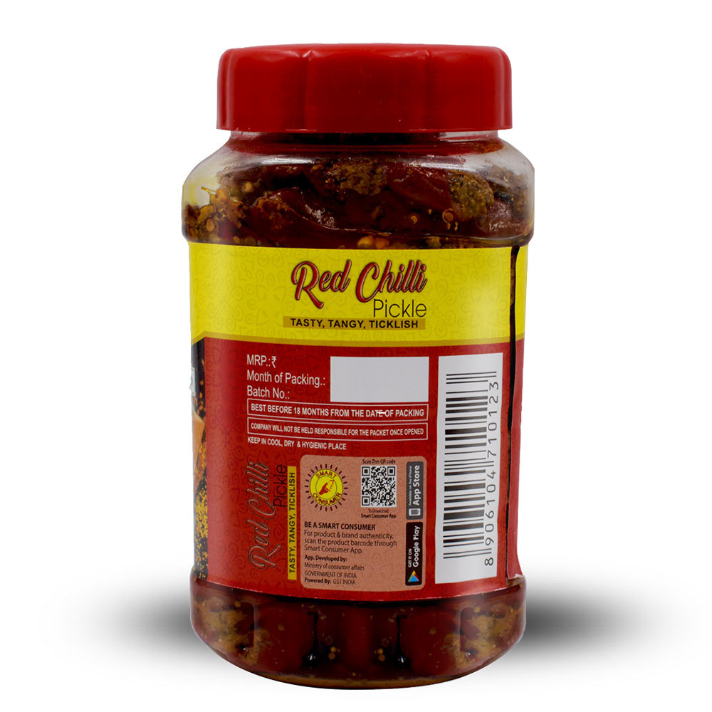 500 Gram Red Chilli Pickle - Pet Bottle | Spicy Flavour, Block Shape, 18 Months Shelf Life, Height 179mm, Width 85mm, Depth 85mm
