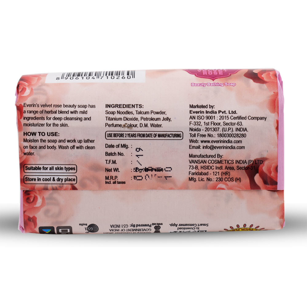 Everin Velvet Rose Beauty Soap - 55g, 100% Vegetable Oil, Pink Color, Rose Flavored Bath Soap, Unisex Usage
