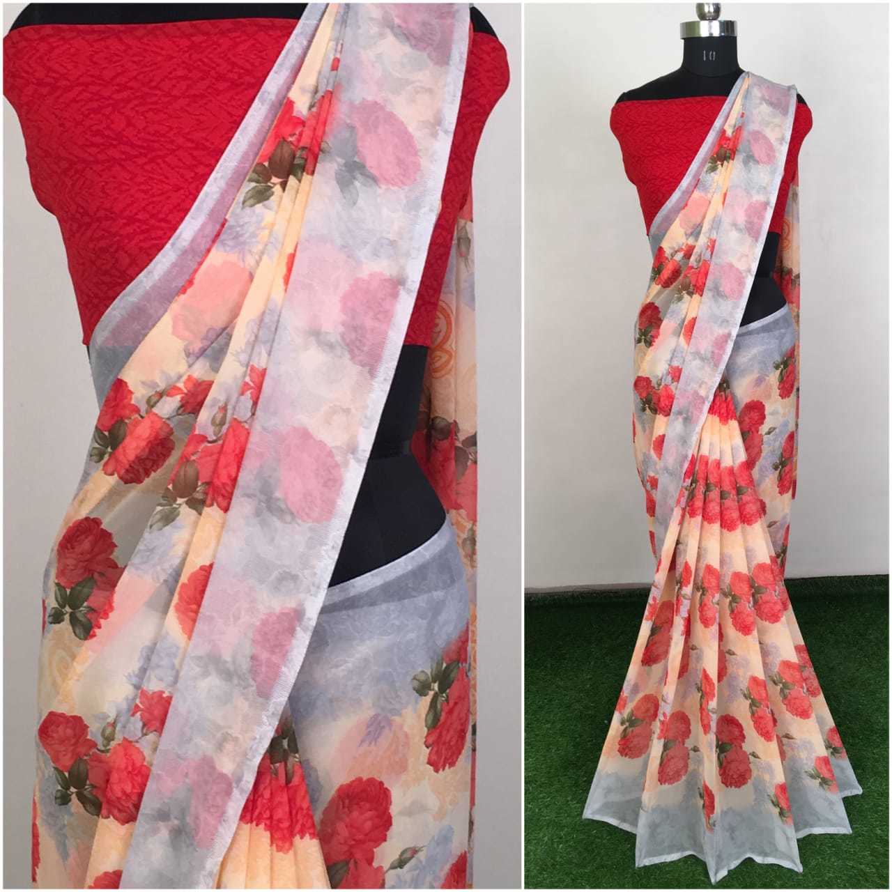 Pink Orange Red Blue Pink Georgette Printed Sarees