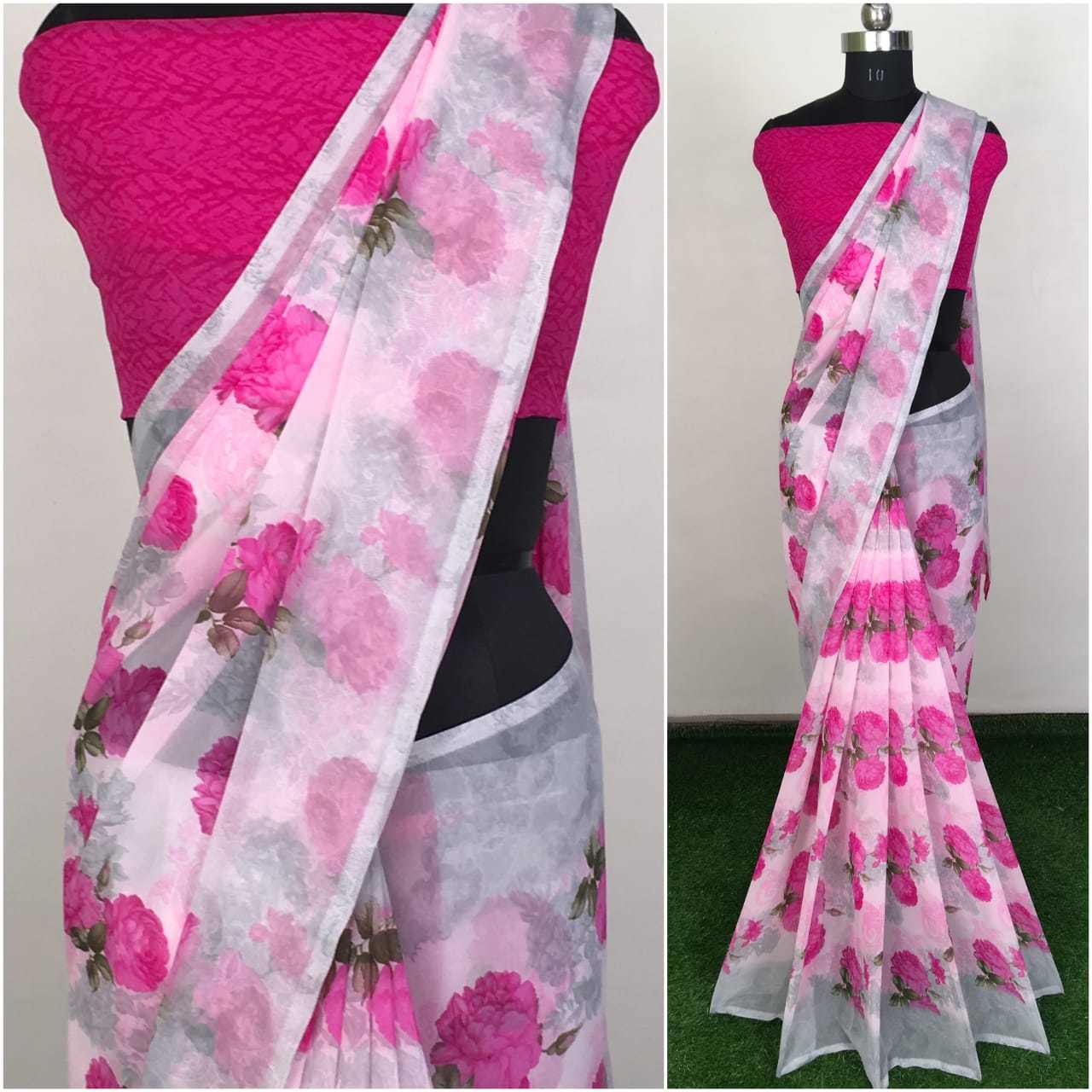 Pink Orange Red Blue Pink Georgette Printed Sarees