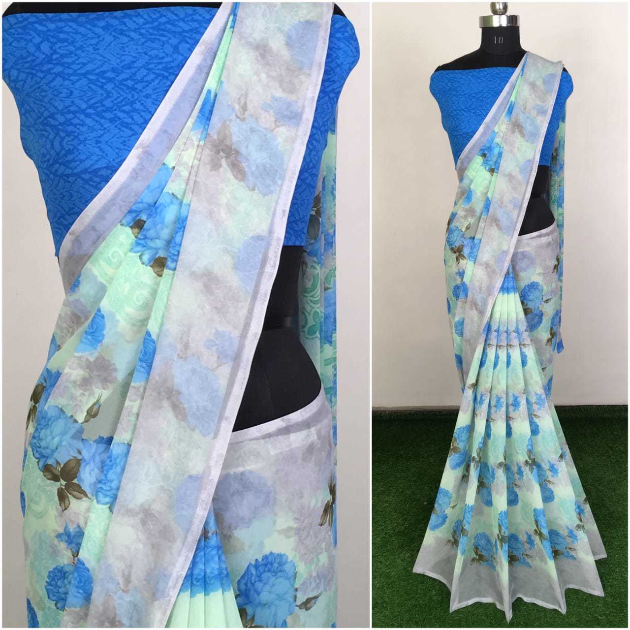 Pink Orange Red Blue Pink Georgette Printed Sarees