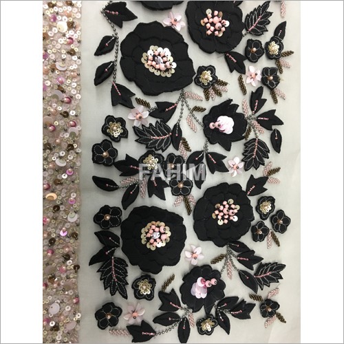 Embroidered Patches - Fabric, 10 Inches Width, Black Floral Design with Beads Embellishment - Premium Quality Finishing and Designer Aesthetic