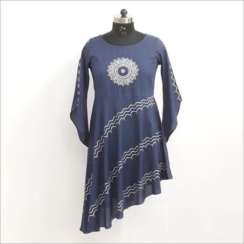 Blue Lucknowi Short Kurti - Textured Cotton, All Sizes, Blue Color | Stylish A-Line Design, 3/4th Sleeve, Embroidered Patterns, Washable