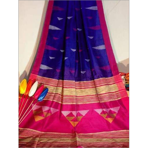 प्लेन खादी टेम्पल वर्क साड़ी