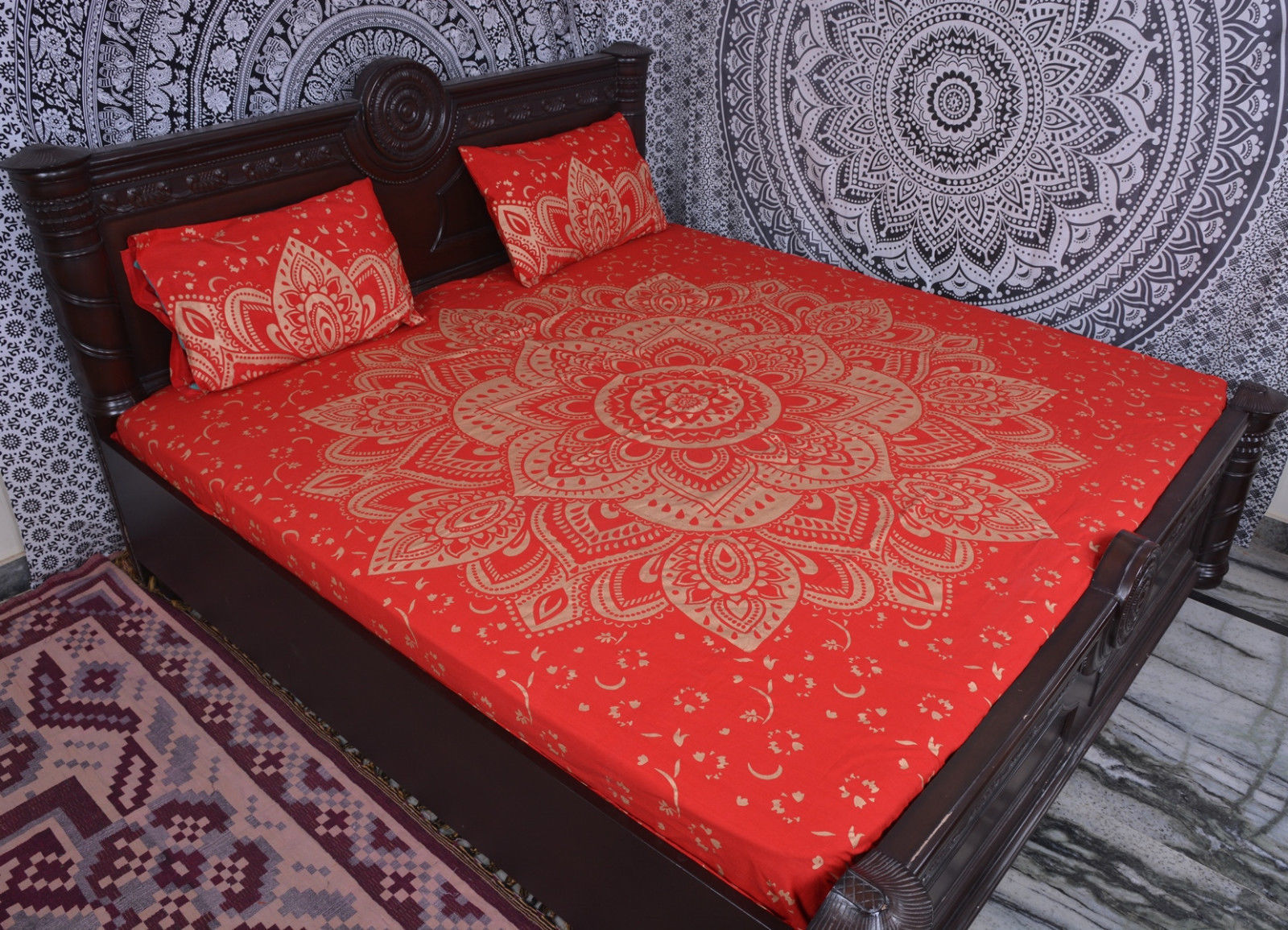 Breathable Indian Mandala Red Bold Flower Cotton Duvet Cover