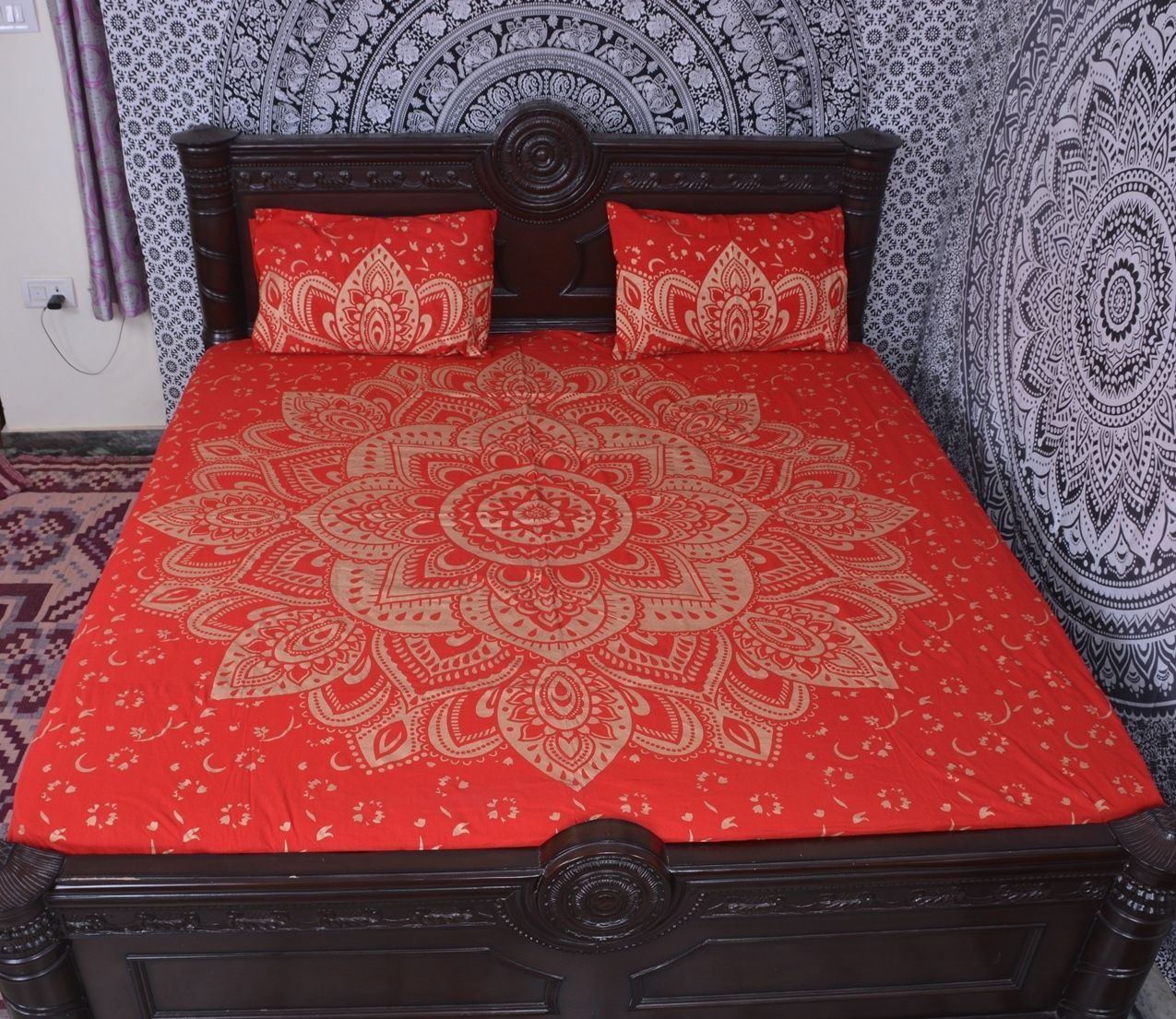 Breathable Indian Mandala Red Bold Flower Cotton Duvet Cover