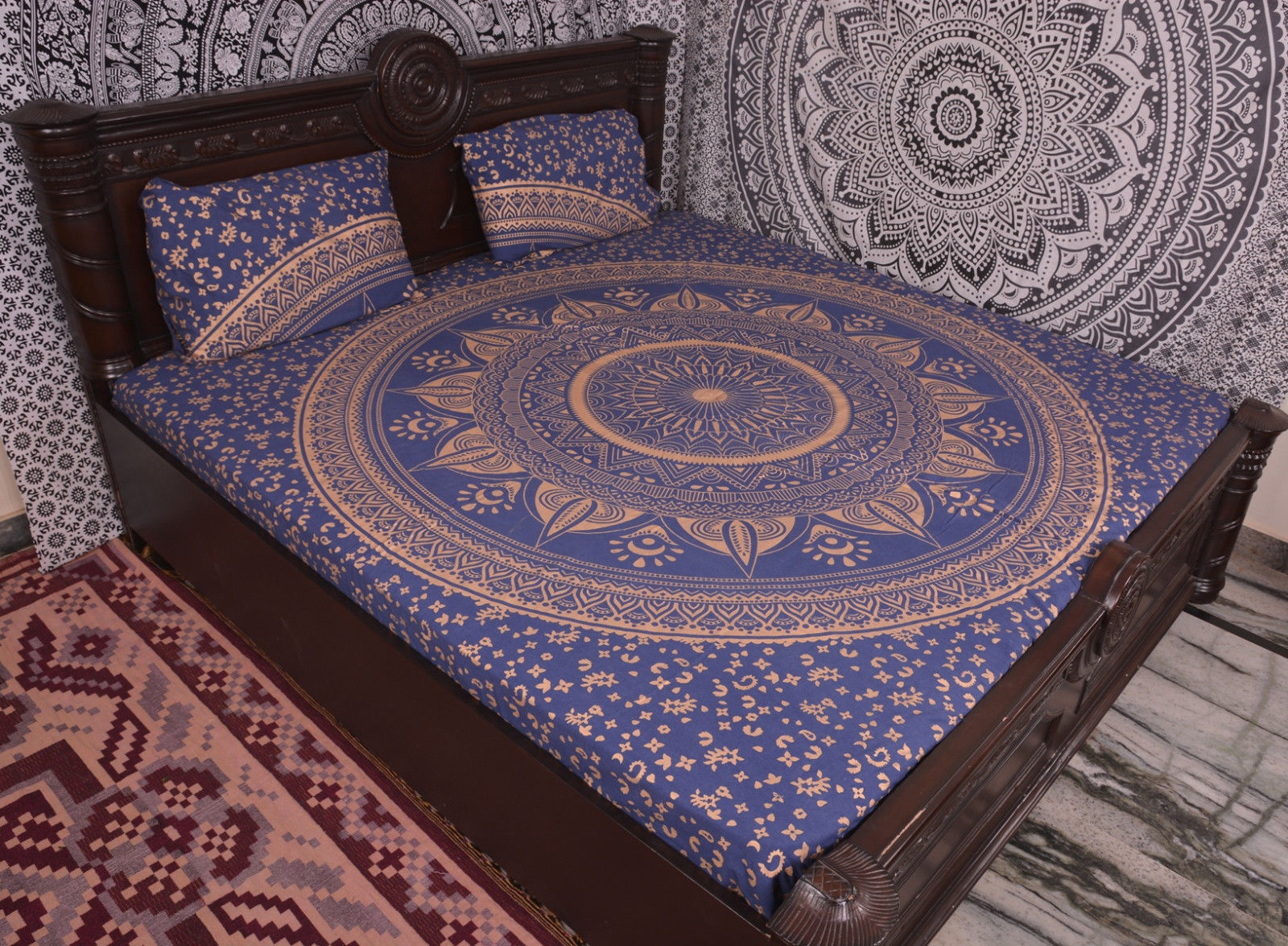 Washable Indian Mandala Blue Round Cotton Duvet Cover