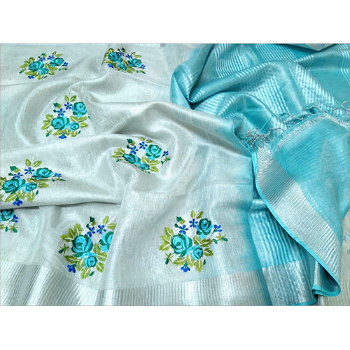 Tissue Linen Sarees - Computerized Embroidery Work, Perfect For Summer And Winter Wear