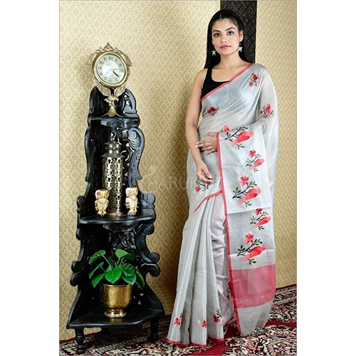 Tissue Linen Sarees - Computerized Embroidery Work, Perfect For Summer And Winter Wear