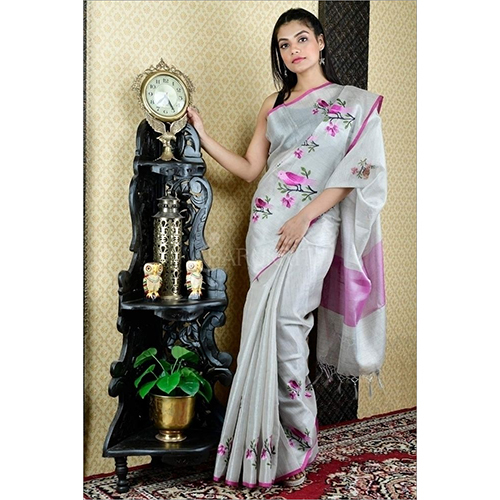 Tissue Linen Sarees - Computerized Embroidery Work, Perfect For Summer And Winter Wear