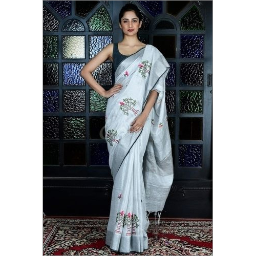 Tissue Linen Sarees - Computerized Embroidery Work, Perfect For Summer And Winter Wear