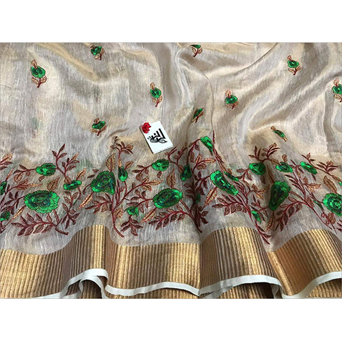 Tissue Linen Sarees - Computerized Embroidery Work, Perfect For Summer And Winter Wear