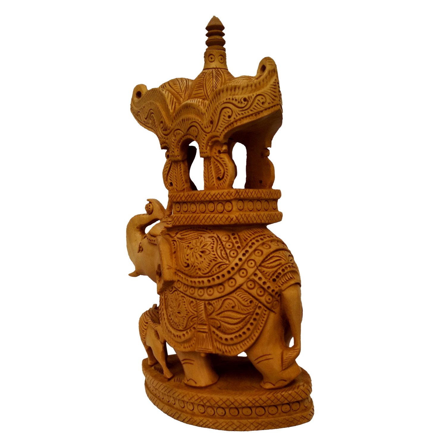 Brown 20cm Wooden Elephant Ambabary With Lion Carving Decorative Showpiece