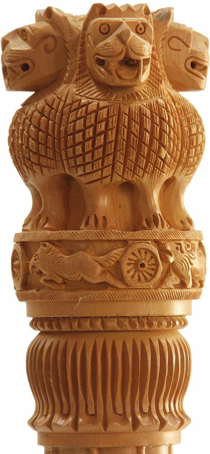 Wood Apnoghar 12 Inches Large Wooden Ashoka Stambh- Ashoka Pillar Indian National Emblem- Ideal For Office