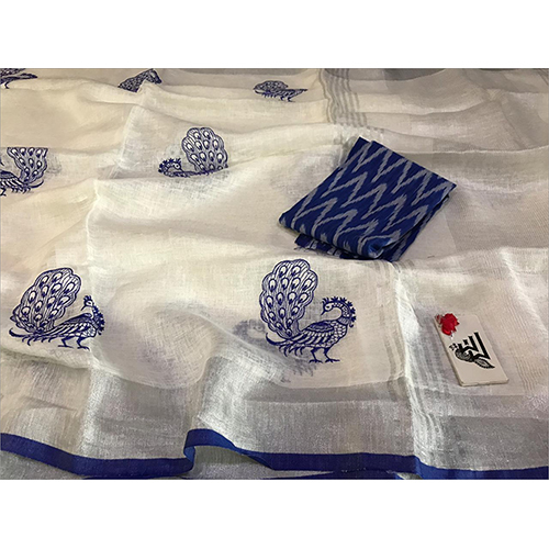 Winter Linen Bird Embroidery Work Sarees