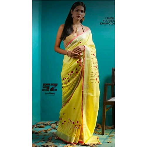 Winter Linen Bird Embroidery Work Sarees