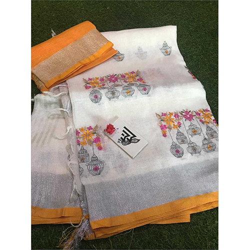 Winter Linen Bird Embroidery Work Sarees