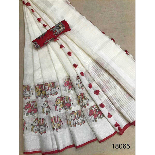 Winter Linen Bird Embroidery Work Sarees