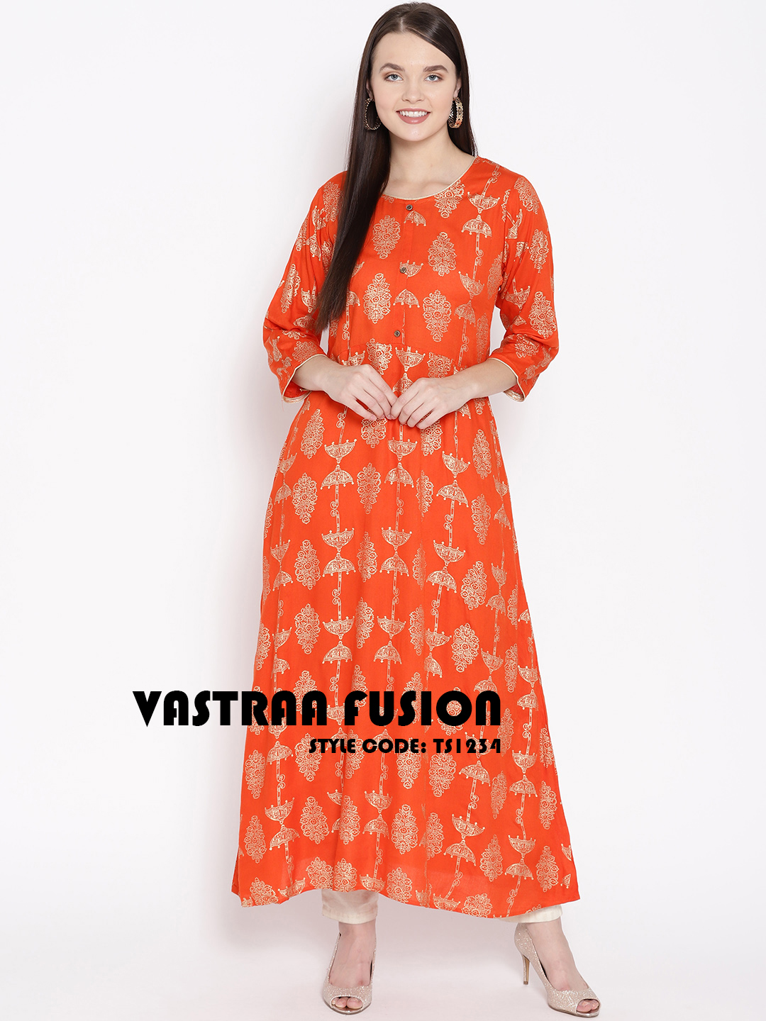 Ladies Festive Anarkali Printed Kurti - Cotton Blended Jute, Size 36-50 Inches, Multi Colors | 3/4th Sleeve, Regular Fit, Trendy Ethnic Style