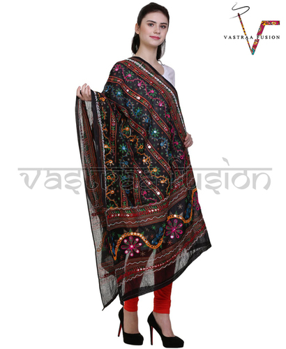 Ladies Cotton Embroidered LINE Dupatta - 2.50 Meter Length, Available in 10 Colors | Hand Embroidered Aari Work, Taping Border, Washable, Casual and Festive Occasions