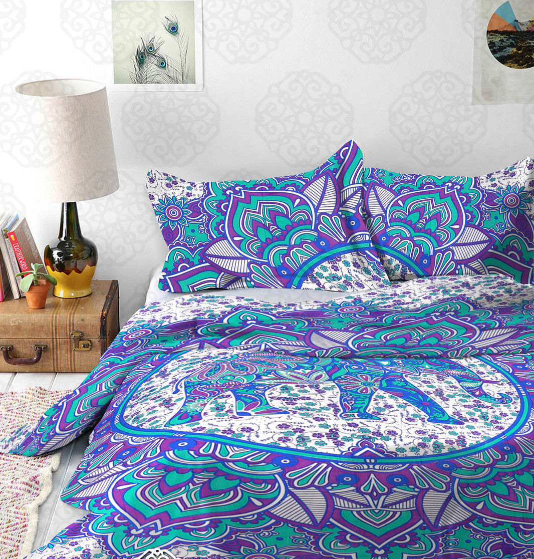 Washable Indian Mandala Cotton Flower Purple Elephant Duvet Cover