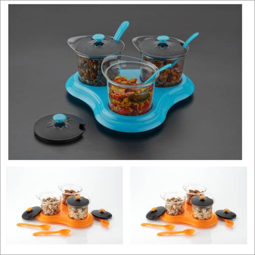 Metallic Multipurpose Dining Set Of 3 - Virgin Plastic, 3 Small Containers (100ml Each), 3 Spoons, 1 Triangular Tray | Colors: Orange, Blue, Unbreakable Design