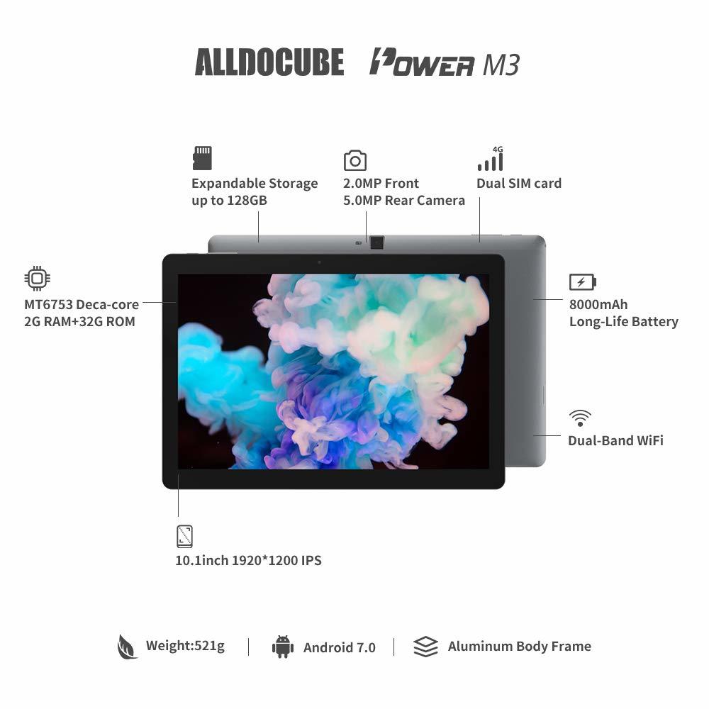 Alldocube Power M3 Tablet - 10.1 Inch Fhd 1920x1200, Mtk Mt6753 Octa-core, 2gb Ram, 32gb Storage, 8000mah Battery, Android 7.0, 4g Lte, Bluetooth 4.0, Silver Design