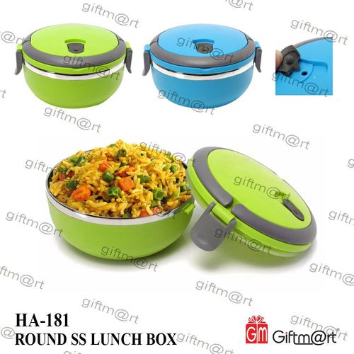 Round Lunch Box - Stainless Steel, Single Cavity, Light Green and Light Blue Design | Perfect for On-the-Go Meals